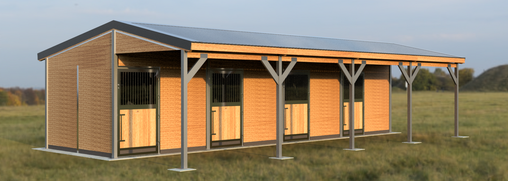 Pferdeboxen Frontansicht Modell TEXAS mit 3 m Dachüberstand