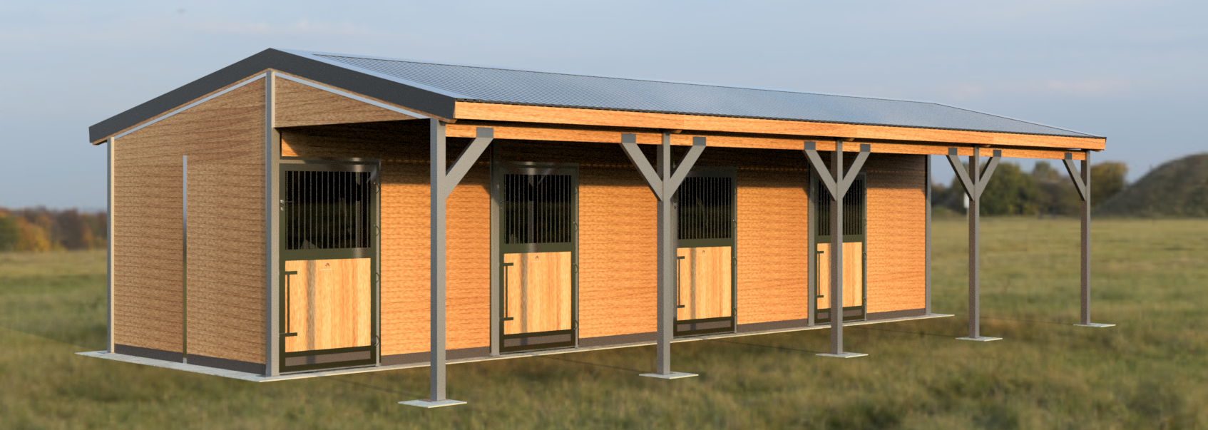 Pferdeboxen Frontansicht Modell TEXAS mit 3 m Dachüberstand